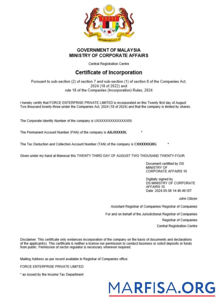 Downloadable Malaysia business registration certificate Word and PDF template